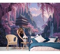 LODMLOER Pink Panoramic Wallpaper Mural, 3D Effect Cherry Blossoms Pavilions, Non-Woven Wall Mural Retro Chinese Style for Bedroom, Living Room, Restaurant Café 250x175cm