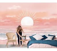 LODMLOER Pink Panoramic Wallpaper Mural, 3D Effect Sunset Waves, Non-Woven Wall Mural Simple Watercolor for Bedroom, Living Room, Restaurant Café 200x140cm