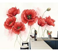 LODMLOER Red White Panoramic Wallpaper Mural, 3D Effect Poppy Flower, Non-Woven Wall Mural Watercolor Floral for Bedroom, Living Room, Restaurant Café 250x175cm