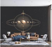LODMLOER Retro Space Wallpaper for Living Room - Celestial Bodies Planetary Orbits Wall Murals for Bedrooms,Black Wall Art, Non-Woven Photo Wallpaper 3D Effect,W300 x H210 cm