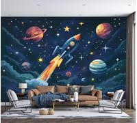 LODMLOER Rocket Planet Wallpaper for Living Room - Starry Sky Cartoon Space Wall Murals for Bedrooms,Dark Blue Wall Art, Non-Woven Photo Wallpaper 3D Effect,W350 x H256 cm
