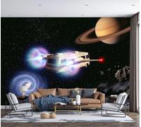LODMLOER Spaceship Planet Wallpaper for Living Room - Fantasy Space Theme Wall Murals for Bedrooms,Black Wall Art, Non-Woven Photo Wallpaper 3D Effect,W300 x H210 cm