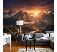 LODMLOER Sunset Mountains Wall Mural W300 x H210 cm - Non-Woven Canyons Rivers Wallpaper,Orange Photo Mural, Large Scenic Wall Covering for Living Room Bedroom Dining Room Decor