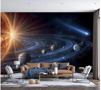 LODMLOER Universe Planets Celestial Bodies Wallpaper for Living Room - Solar System Starry Sky Wall Murals for Bedrooms,Blue Wall Art, Non-Woven Photo Wallpaper 3D Effect,W300 x H210 cm