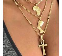 LODMLOER Vintage Ethnic Map Necklace Cross Human Head Multilayer Necklace Creative Popular Chocker African Map Necklace Sweater Chain Patriotic Jewelry Gift For Men And Women,Gold Color,45Cm