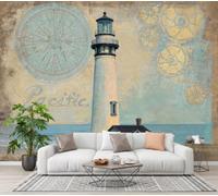LODMLOER Vintage Nautical Wallpaper for Living Room - Lighthouse Compass Wall Murals for Bedrooms,Blue Brown Wall Art, Non-Woven Photo Wallpaper 3D Effect,W400 x H280 cm