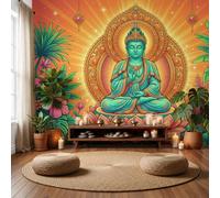 LODMLOER Wall Mural Buddha Statue Illustration Tropical Plants and Flowers, Premium Non-Woven Wallpaper Mural Photo Wallpaper for Living Room Bedroom, Feature Wall Decor W300 x H210 cm