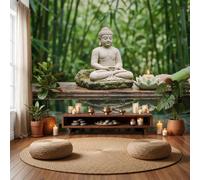 LODMLOER Wall Mural Buddha Statue Meditation Bamboo Forest Zen, Premium Non-Woven Wallpaper Mural Photo Wallpaper for Living Room Bedroom, Feature Wall Decor W300 x H210 cm