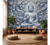LODMLOER Wall Mural Buddha Statue Meditation Zen Relief Lotus Flower, Premium Non-Woven Wallpaper Mural Photo Wallpaper for Living Room Bedroom, Feature Wall Decor W350 x H256 cm