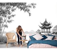 LODMLOER White Panoramic Wallpaper Mural, 3D Effect Bamboo Forest Lake, Non-Woven Wall Mural Chinese Ink Painting Style for Bedroom, Living Room, Restaurant Café 450x315cm