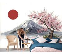 LODMLOER White Panoramic Wallpaper Mural, 3D Effect Cherry Blossoms Mount Fuji, Non-Woven Wall Mural Japanese Watercolor Style for Bedroom, Living Room, Restaurant Café 400x280cm