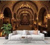 LODMLOER Wine Cellar Wine Barrels Wallpaper for Living Room - Medieval Architecture Wall Murals for Bedrooms,Brown Wall Art, Non-Woven Photo Wallpaper 3D Effect,W350 x H256 cm