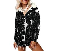 LODMLOER Womens Sherpa Fleece Jacket Stars And Moon Intertwine In The Night Sky Winter Warm Coat Celestial Theme Button Down Hoodie Plus Sizes Hooded Sweatshirt with Pocket, Black