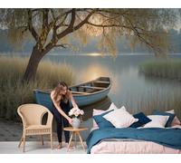 LODMLOER Yellow Green Panoramic Wallpaper Mural, 3D Effect Tranquil Lake, Non-Woven Wall Mural Trees Wooden Boat for Bedroom, Living Room, Restaurant Café 350x256cm