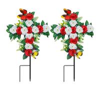 Lodou 2 Sets Artificial Cemetery Flowers,Outdoor Grave Decorations Roses,Grave Flowers,Graveyard Cross Stake for Grave Decoration (Red)