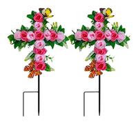 Lodou 2 Sets Artificial Cemetery Flowers,Outdoor Grave Decorations Roses,Grave Flowers,Graveyard Cross Stake for Grave Decoration (Pink)