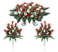 Lodou Artificial Cemetery Flower for Graves,Headstone Flower Saddle,Cemetery Memorial Flowers with Vase and 2 Memorial Bouquets for Grave Tombstone Headstone Decoration (Red White)