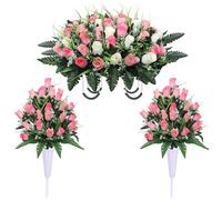 Lodou Artificial Cemetery Flower for Graves,Headstone Flower Saddle,Cemetery Memorial Flowers with Vase and 2 Memorial Bouquets for Grave Tombstone Headstone Decoration (Pink Red)