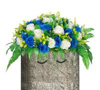Lodou Artificial Cemetery Flowers, Artificial Silk Flower Arrangement,Artificial Rose Bouquet Grave Memorial Flowers with Headstone Flower Saddle for Graveyard Headstones Decoration (Blue, Large)