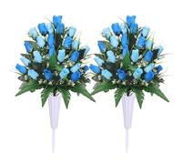 Lodou Artificial Cemetery Flowers,Outdoor Grave Decorations Roses,Arrangements Bouquet with Cemetery Vase, Silk Flowers for Long-Lasting Remembrance (Blue)