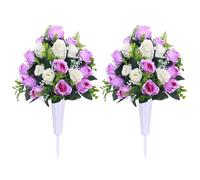 Lodou Artificial Cemetery Flowers,Outdoor Grave Decorations Roses,Memorial Flowers Bouquet with Cemetery Vase,Steel Spike Lasting and Non-Bleed Colors,2Sets (Purple)
