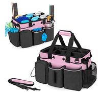 LoDrid Large Professional Cleaning Caddy with Detachable Divider, Supply Organizer with Handle and Shoulder Strap, Cleaning Bags for Housekeepers & Cleaners, Black and Pink