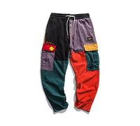 Loeay Men's Causal Pants Hip Hop Streetwear Color Block Joggers Pants Corduroy Trousers Elastic Waist Harem Patchwork Pant L