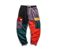 Loeay Men's Causal Pants Hip Hop Streetwear Color Block Joggers Pants Corduroy Trousers Elastic Waist Harem Patchwork Pant M