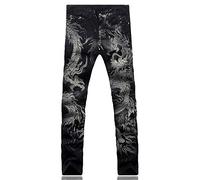 Loeay Men's Fashion Dragon Print Jeans Male Colored Drawing Painted Slim Denim Pants Elastic Black Long Trousers Black 30