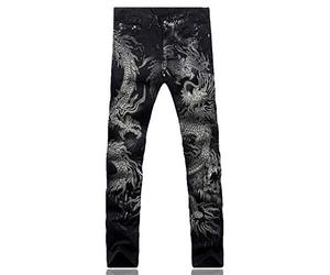 Loeay Men's Fashion Dragon Print Jeans Male Colored Drawing Painted Slim Denim Pants Elastic Black Long Trousers Black 30