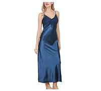 Loeay Nightshirt Women's V Neck Nightgown Silky Satin Soft Sleeveless Sleepwear Nightwear Luxury Lingerie Long Dress Blue M