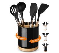 LoeJan 3 Compartment Utensil Holder, Extra Large Utensil Crock, Stable Ceramic Utensil Organizer, Cooking Tool Organizer Set for Kitchen Counter Farmhouse Decor (D-Black)
