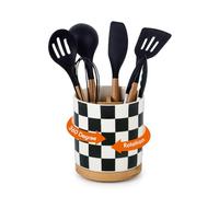 LoeJan 3 Compartment Utensil Holder, Extra Large Utensil Crock, Stable Ceramic Utensil Organizer, Cooking Tool Organizer Set for Kitchen Counter Farmhouse Decor (E-Black(Square))