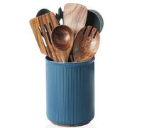 LoeJan 3 Compartment Utensil Holder, Extra Large Utensil Crock, Stable Ceramic Utensil Organizer, Cooking Tool Organizer Set for Kitchen Counter Farmhouse Decor (H-6.7“ Blue)