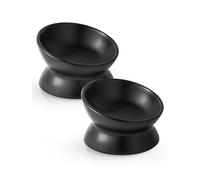 LoeJan Elevated Cat Food Bowl, 5 Oz Ceramic Raised and Tilted Pet Water Bowl, Anti Vomiting and Protect Pets' Spines Cat Dishes for Small Dog, Fat Faced Cat, Kitten (Black, 2 Pack)