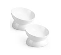 LoeJan Elevated Cat Food Bowl, 5 Oz Ceramic Raised and Tilted Pet Water Bowl, Anti Vomiting and Protect Pets' Spines Cat Dishes for Small Dog, Fat Faced Cat, Kitten (White, 2 Pack)