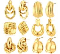 Loetere 6 Pairs Gold Hoop Dangle Earrings Set for Women Gold Knot Chunky Stud Drop Earrings Square Trendy Statement Textured Jewelry Accessories Fashion Wedding Birthday Gifts, as shown on the picture