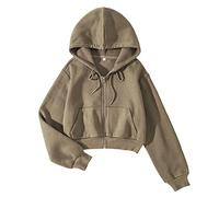 LOFAAC Women Fleece Full Zip Up Cropped Hoodie Sweatshirt 90s Long Sleeve Drawstring Hooded Crop Jacket Top with Pockets, Olive Green, Medium