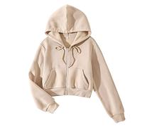 LOFAAC Women Fleece Full Zip Up Cropped Hoodie Sweatshirt 90s Long Sleeve Drawstring Hooded Crop Jacket Top with Pockets, Apricot, Medium