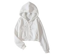 LOFAAC Women Fleece Full Zip Up Cropped Hoodie Sweatshirt 90s Long Sleeve Drawstring Hooded Crop Jacket Top with Pockets, White, Medium