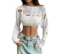 LOFAAC Women Y2K Hollow Out Ripped Crop Sweater Casual Gothic Long Bell Sleeve Crochet Going Out Shrug Crop Tops, White, Large