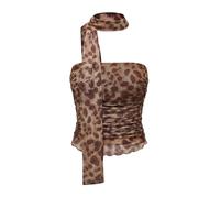 LOFAAC Women Y2K Strapless Leopard Print Tube Top Sexy Sleeveless Ruched Mesh Bandeau Going Out Crop Top with Scarf Club, Brown, S