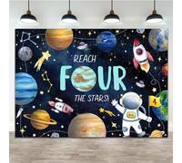 Lofaris 7x5ft Reach Four The Stars Backdrop Happy 4th Birthday Party Background Space Planet Rocket Theme Photography Children Birthday Party Decoration Photo Booth Studio Prop