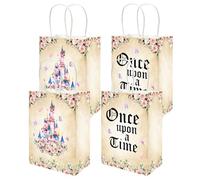 Lofaris Gift Wrap Bags 16 Pcs - Once Upon a Time Fairy Tale Design, Pink Castle & Floral Party Favor Bags with Handles, Goodie Bags for Birthday, Baby Shower, Wedding