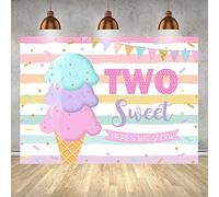 Lofaris Ice Cream Photo Studio Background Two Sweet Princess Girl Birthday Here's The Scoop Party Banner Colorful Stripes Polka Dots Photography Backdrops Cake Table Banner Decorations Supplies 7x5ft