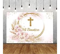 Lofaris Mi Bautizo Backdrop God Bless Ceremony Boho Floral Pampas Grass Gold Ring First Holy Communion Golden Glitter Baptism Photography Background Party Decoration Banner Photo Booth Prop 5x3ft