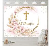 Lofaris Mi Bautizo Backdrop God Bless Ceremony Boho Floral Pampas Grass Gold Ring First Holy Communion Golden Glitter Baptism Photography Background Party Decoration Banner Photo Booth Prop 10x7ft