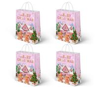 Lofaris Pink Christmas Gift Bags Bulk for Kids 24Pcs Small Gingerbread Men Cookies House Snowflake Trees Holiday Candy Treat Paper Wrap Bags with Handles Party Favor Decorations Supplies 6x3x8 Inch