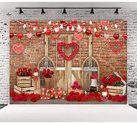 Lofaris Valentine's Red Heart Photography Backdrop Brick Wall Wood Door Mother's Day Bridal Shower Wedding Background Portrait Birthday Banner Photo Booth Studio Props 10x7ft