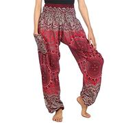 Lofbaz Harem Pants for Women Hippie Boho Festival Clothing - Bohemian Trousers for Yoga Beach Summer - Smocked Waist with Pockets - Rose 2 Burgundy L